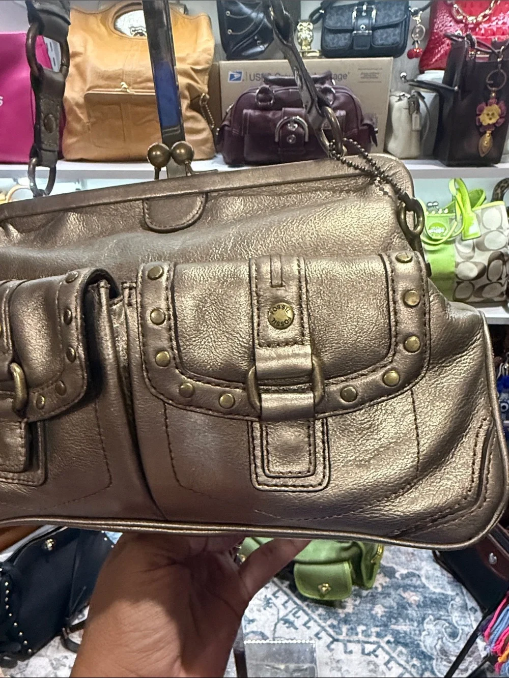 Fossil Vintage Kiss lock Metallic Bronze shoulder Bag with Front Flap Pockets